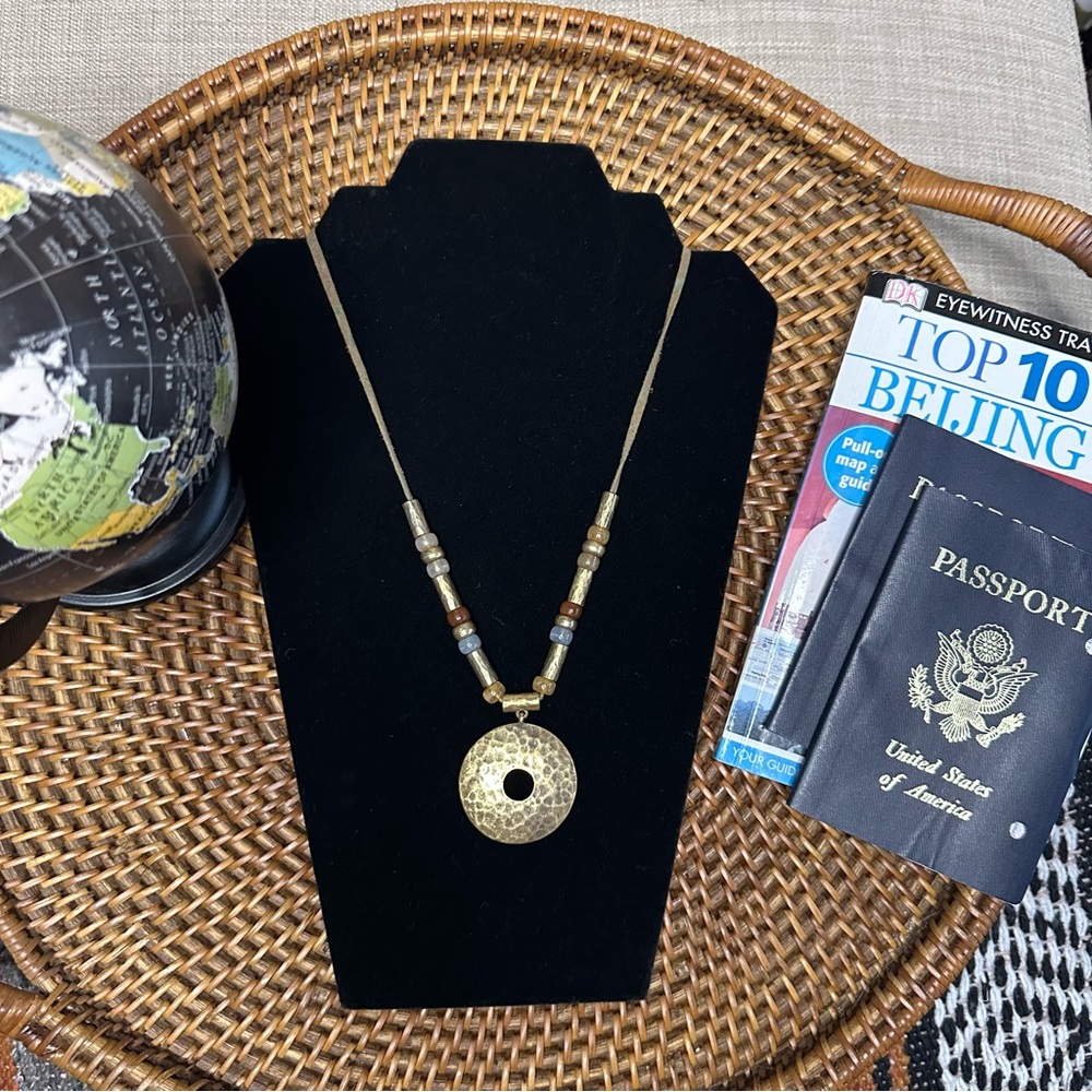 Boho Beaded Round Hammered Medallion Leather Necklace